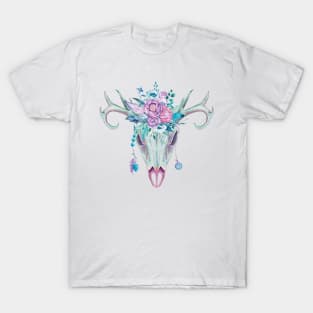 🤩 Boho skull with pink flowers T-Shirt